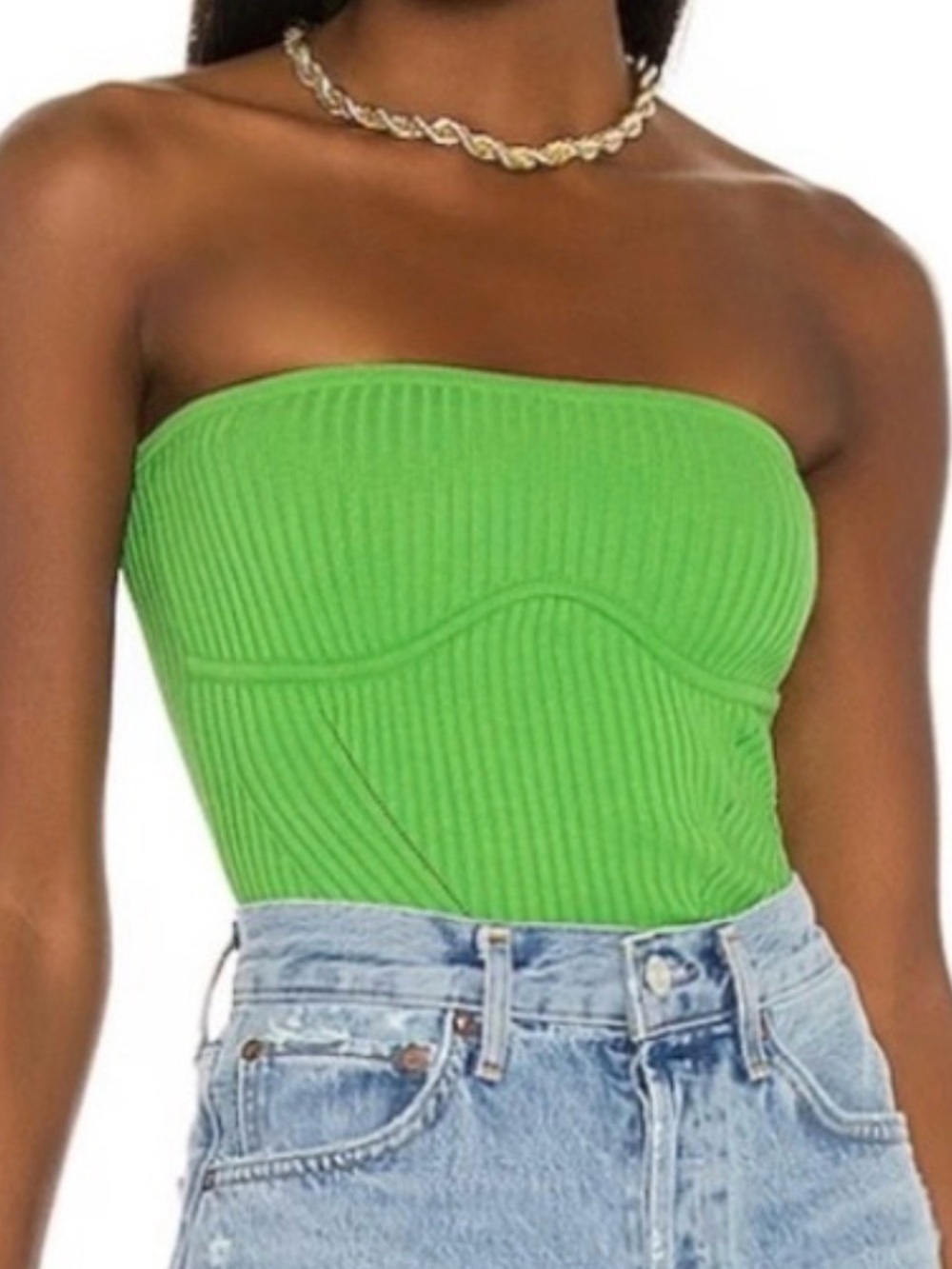 Camila Coelho | Green Ribbed Bustier Style Top | Fitted Sleeveless Shirt Size M